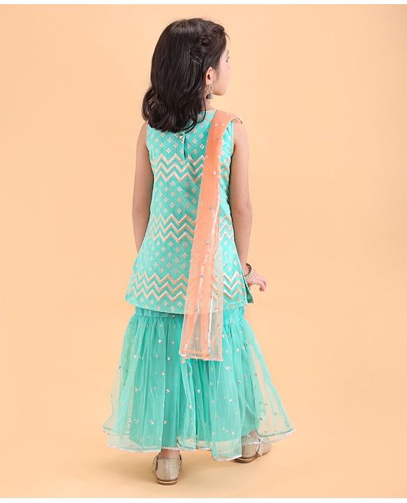 Babyhug Woven Sleeveless Ethnic Printed Kurti & Sharara Set with Dupatta - Sky Blue