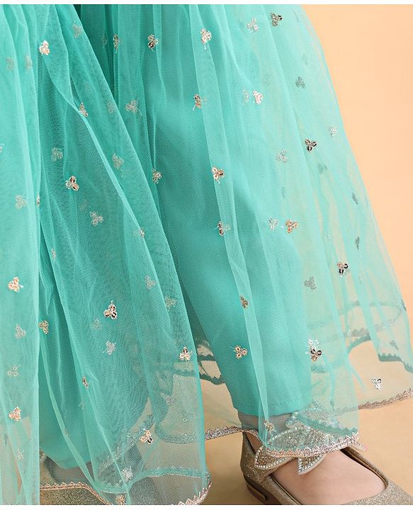 Babyhug Woven Sleeveless Ethnic Printed Kurti & Sharara Set with Dupatta - Sky Blue