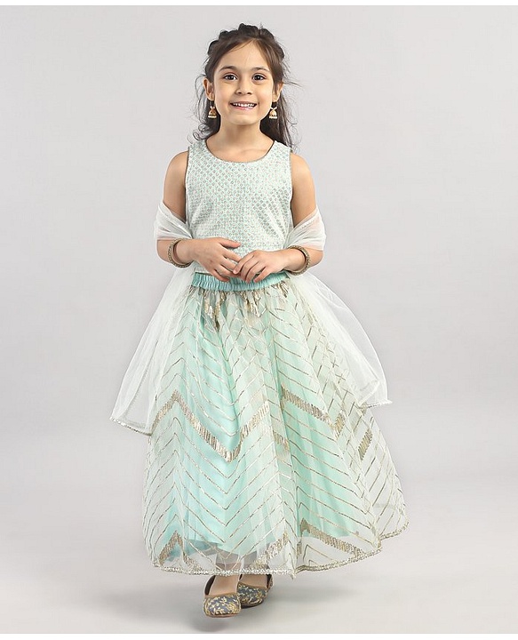 Babyhug Sleeveless Embroidered Choli Lehenga And Dupatta - Light Green
