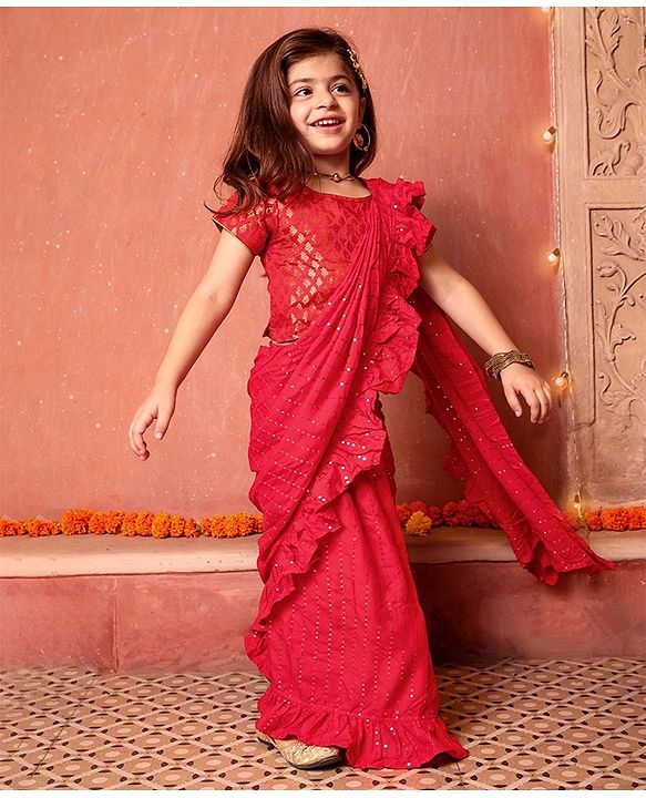 Babyhug Short Sleeves Blouse & Sequinned Ruffle Saree Set - Red