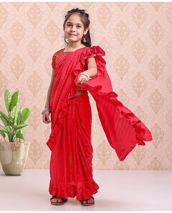 Babyhug Short Sleeves Blouse & Sequinned Ruffle Saree Set - Red