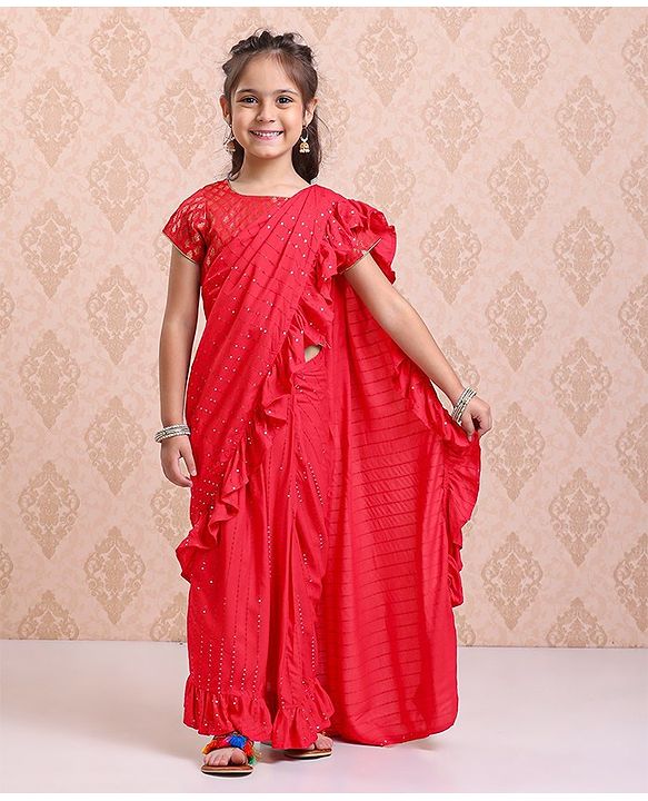 Babyhug Short Sleeves Blouse & Sequinned Ruffle Saree Set - Red