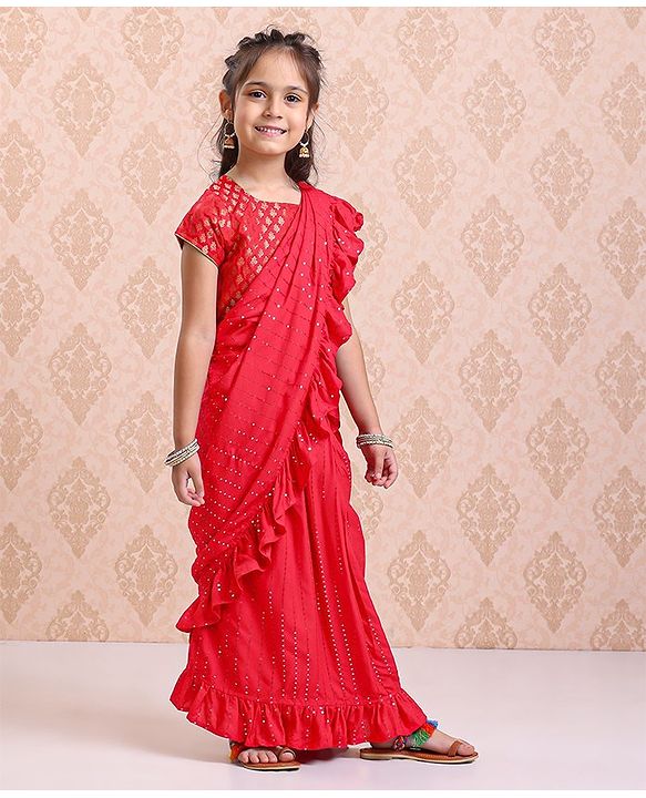 Babyhug Short Sleeves Blouse & Sequinned Ruffle Saree Set - Red