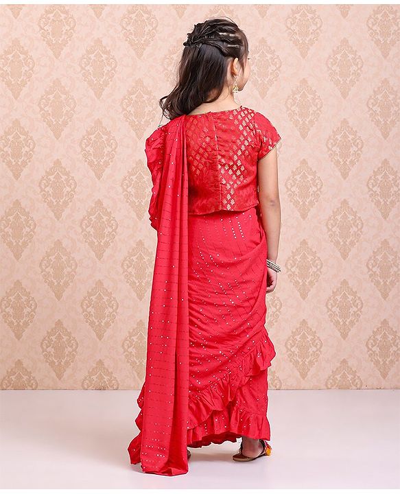 Babyhug Short Sleeves Blouse & Sequinned Ruffle Saree Set - Red