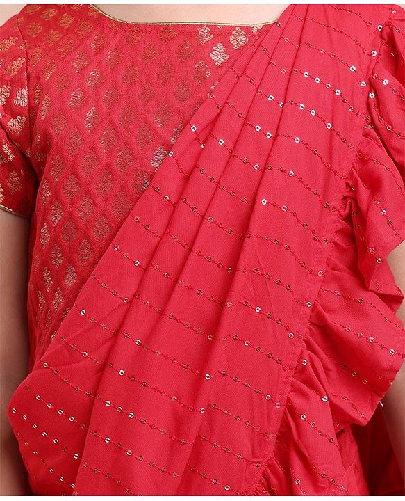 Babyhug Short Sleeves Blouse & Sequinned Ruffle Saree Set - Red
