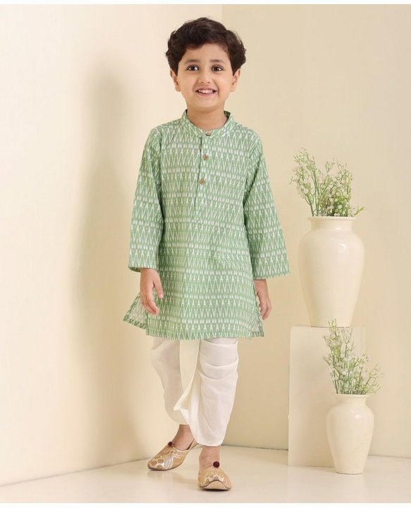 Babyhug Cotton Woven Full Sleeves Kurta & Dhoti Set Ethnic Embroidered - Green