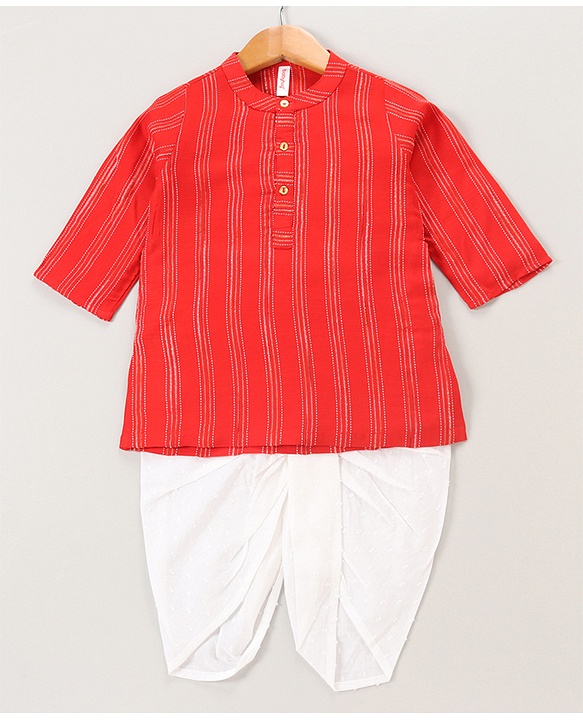 Babyhug Cotton Woven Full Sleeves Kurta Dhoti Set Stripes Print- Red