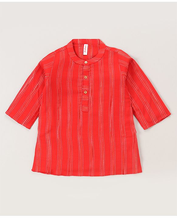 Babyhug Cotton Woven Full Sleeves Kurta Dhoti Set Stripes Print- Red