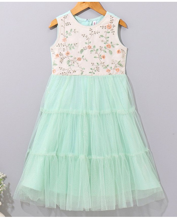 Babyhug Sleeveless Ethnic Dress Floral Embroidery & Sequin Detailing - Sea Green White