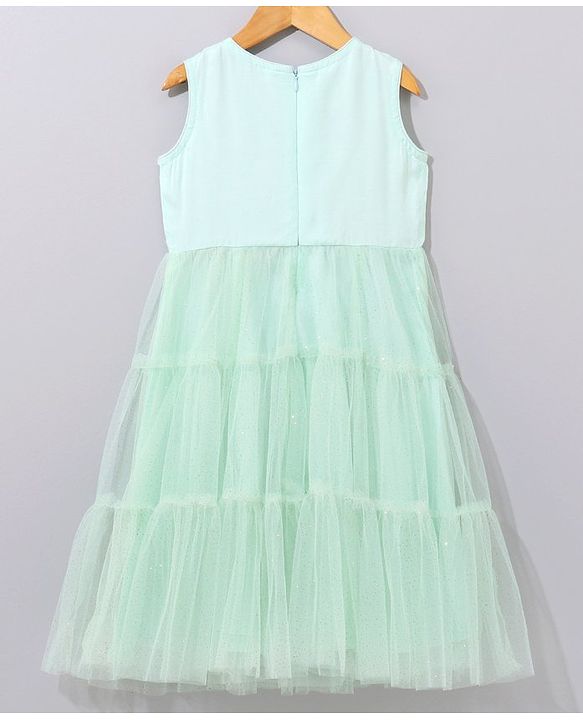 Babyhug Sleeveless Ethnic Dress Floral Embroidery & Sequin Detailing - Sea Green White