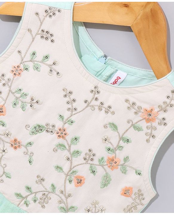 Babyhug Sleeveless Ethnic Dress Floral Embroidery & Sequin Detailing - Sea Green White