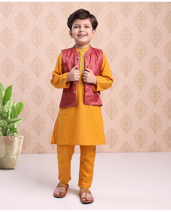 Babyhug Full Sleeves Solid Kurta & Pyjama Set With Printed Jacket - Mustard