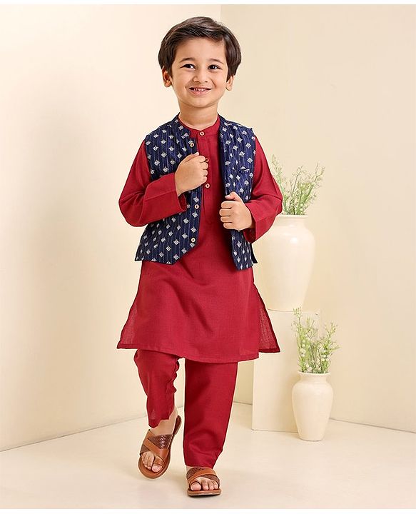 Babyhug Cotton Woven Full Sleeves Kurta & Pajama Set With Waist Coat Ethnic Print - Maroon
