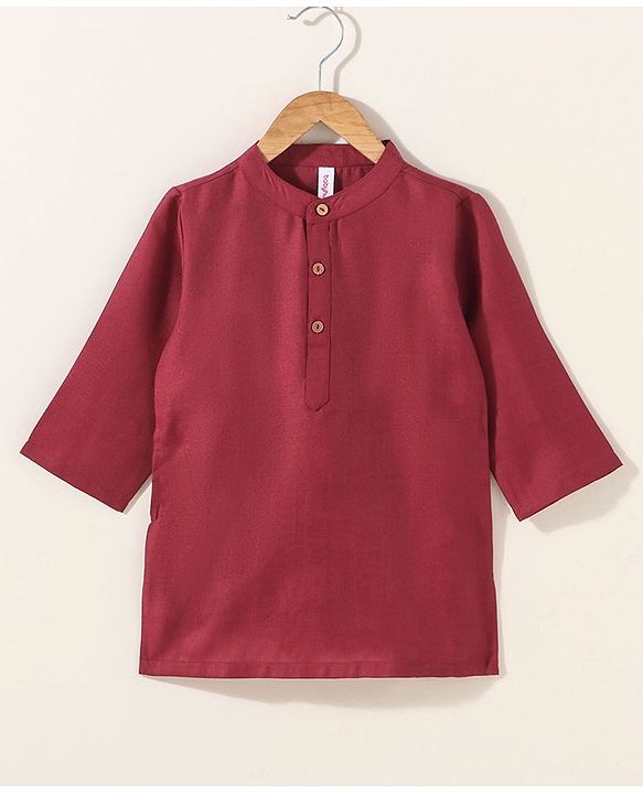 Babyhug Cotton Woven Full Sleeves Kurta & Pajama Set With Waist Coat Ethnic Print - Maroon
