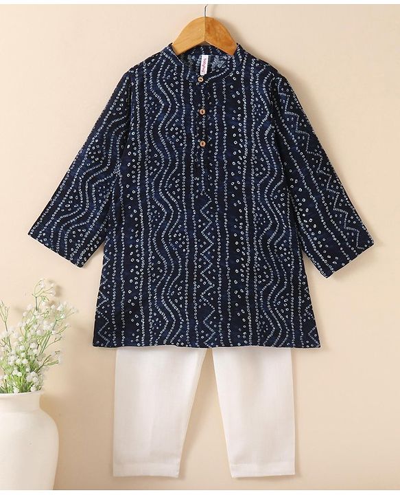 Babyhug Cotton Woven Full Sleeves Kurta & Pajama Set Ethnic Print - Navy