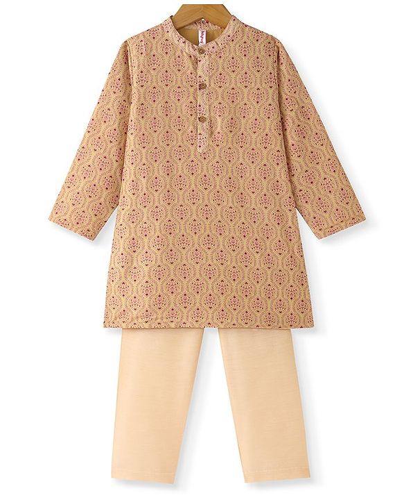 Babyhug Cotton Woven Full Sleeves Kurta & Pajama Set Ethnic Print - Beige