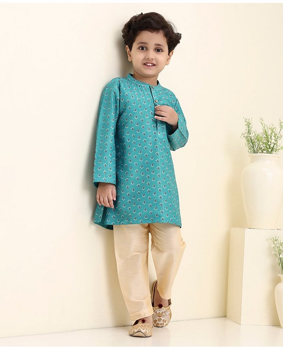 Babyhug Cotton Woven Full Sleeves Kurta & Pajama Set Ethnic Print - Aqua