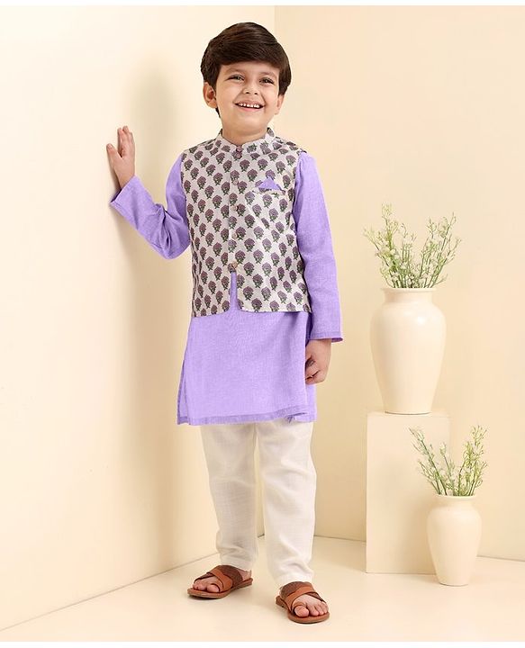 Babyhug Full Sleeves Cotton Kurta & Pyjama With Waistcoat Floral Print- Lavender