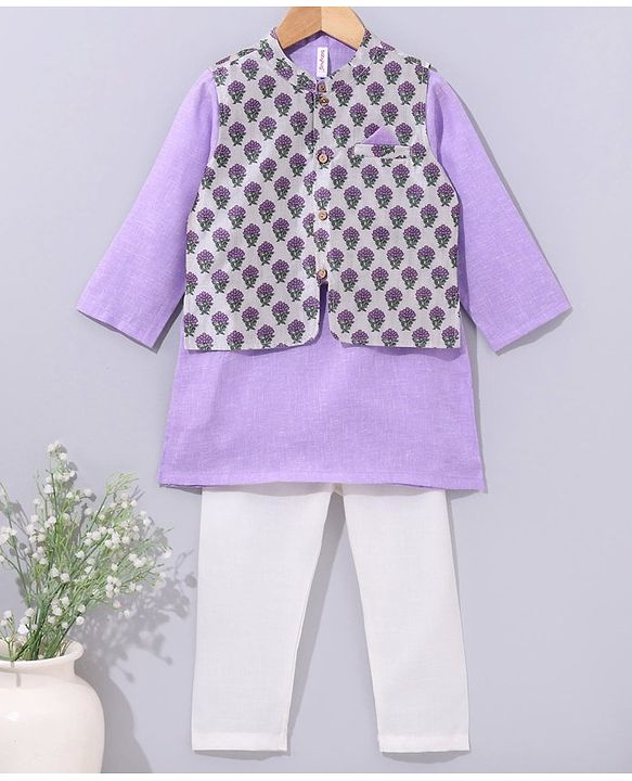 Babyhug Full Sleeves Cotton Kurta & Pyjama With Waistcoat Floral Print- Lavender