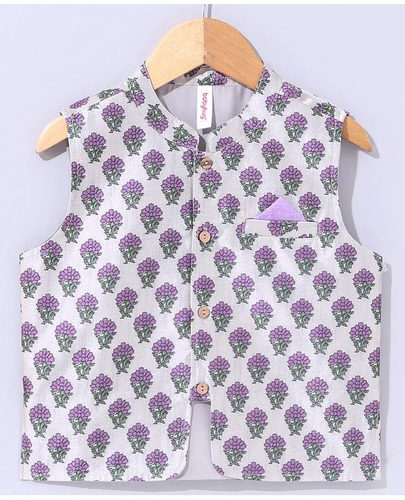 Babyhug Full Sleeves Cotton Kurta & Pyjama With Waistcoat Floral Print- Lavender