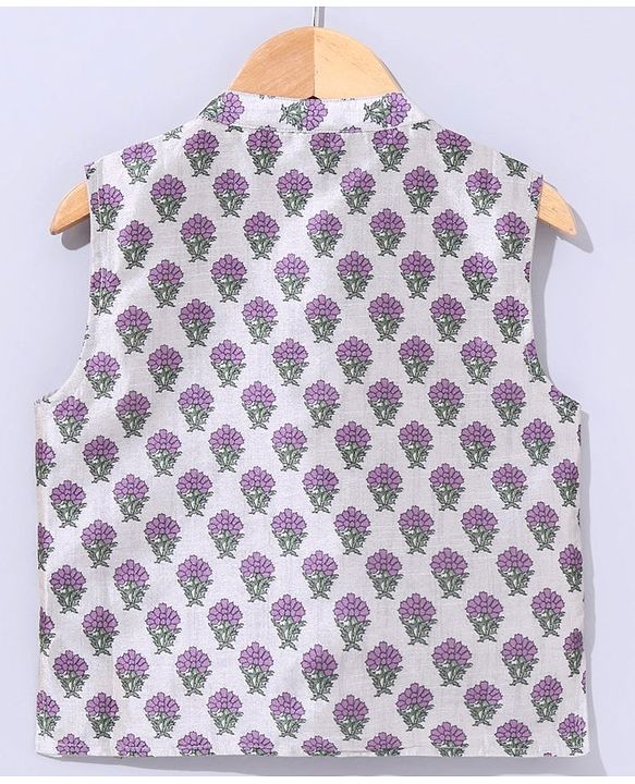 Babyhug Full Sleeves Cotton Kurta & Pyjama With Waistcoat Floral Print- Lavender