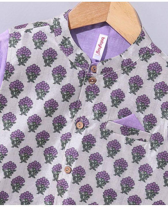 Babyhug Full Sleeves Cotton Kurta & Pyjama With Waistcoat Floral Print- Lavender