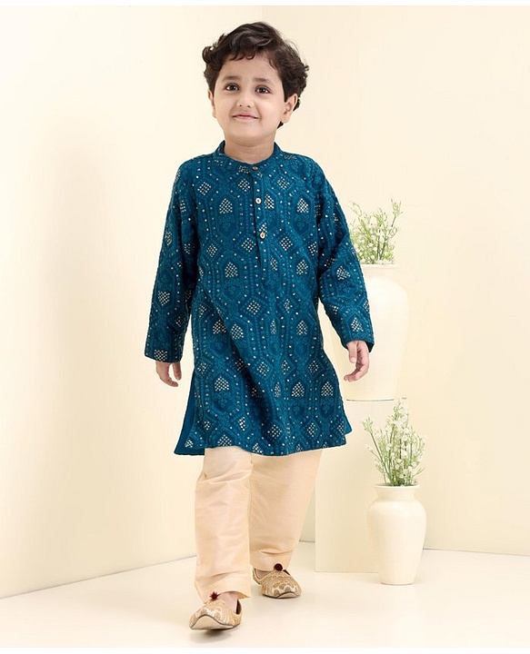 Babyhug Full Sleeve Georgette Embroidered Kurta with Pyjama Set- Teal