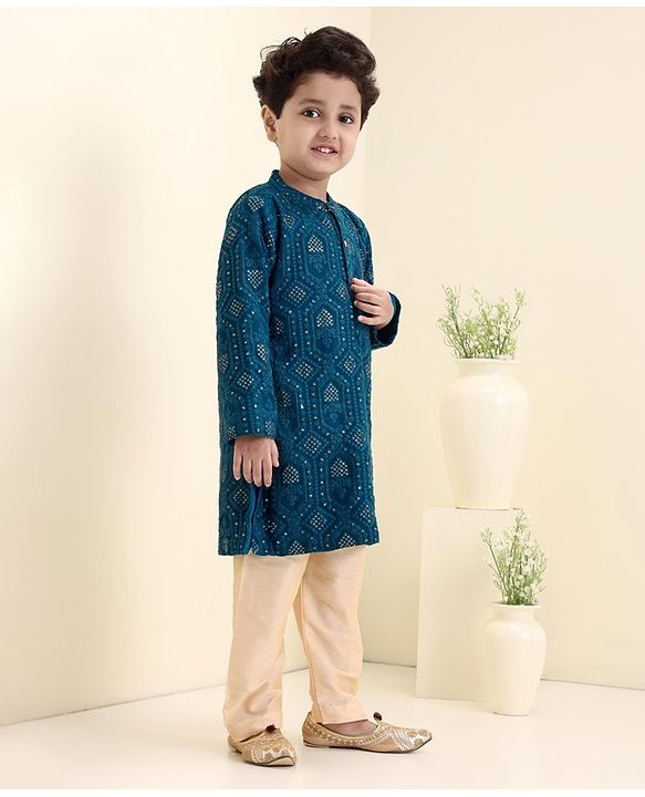 Babyhug Full Sleeve Georgette Embroidered Kurta with Pyjama Set- Teal