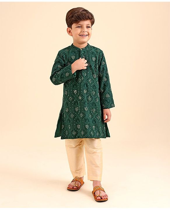 Babyhug Woven Full Sleeves Kurta & Pajama Set Ethnic Embroidered - Green