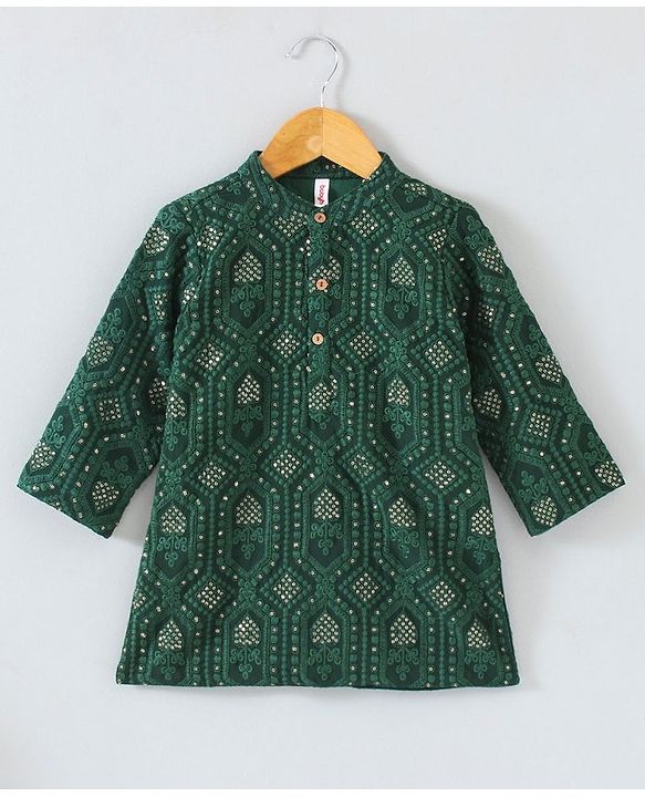 Babyhug Woven Full Sleeves Kurta & Pajama Set Ethnic Embroidered - Green
