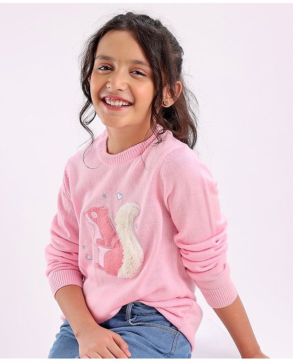 Pine Kids Full Sleeves Medium Winter Pullover Squirrel Print & Embroidery - Pink