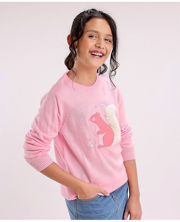 Pine Kids Full Sleeves Medium Winter Pullover Squirrel Print & Embroidery - Pink
