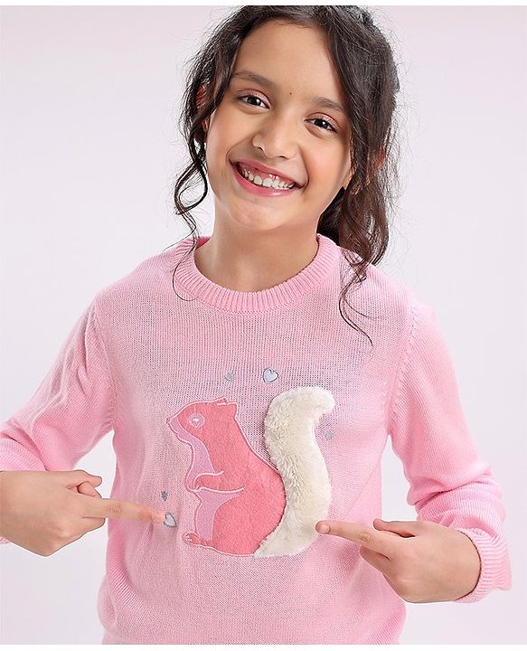 Pine Kids Full Sleeves Medium Winter Pullover Squirrel Print & Embroidery - Pink