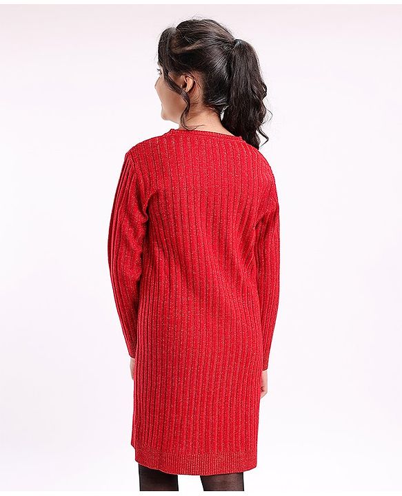 Pine Kids Full Sleeves Woolen Dress With Scarf Medium Winter - Red
