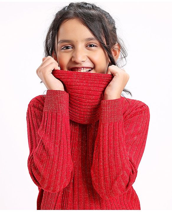 Pine Kids Full Sleeves Woolen Dress With Scarf Medium Winter - Red