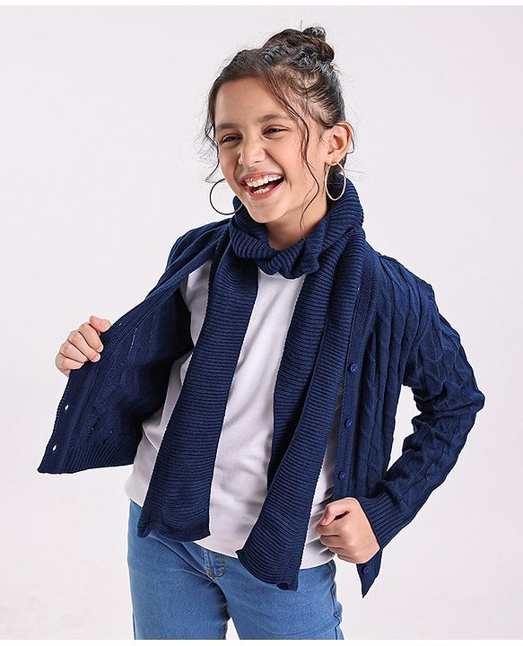 Pine Kids Full Sleeves  Light Winter Sweater & Muffler Set Solid- Navy Blue