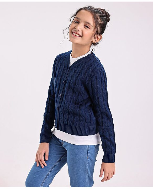 Pine Kids Full Sleeves  Light Winter Sweater & Muffler Set Solid- Navy Blue