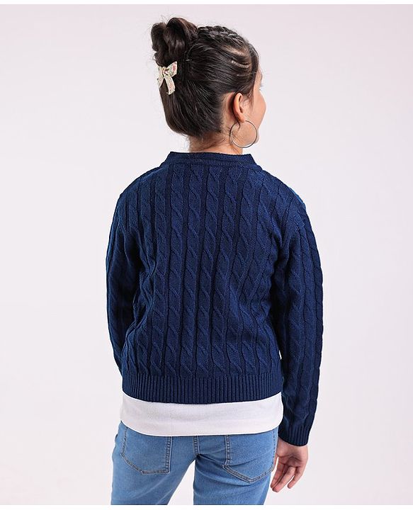 Pine Kids Full Sleeves  Light Winter Sweater & Muffler Set Solid- Navy Blue