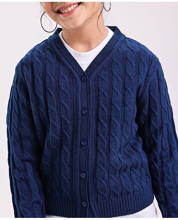 Pine Kids Full Sleeves  Light Winter Sweater & Muffler Set Solid- Navy Blue