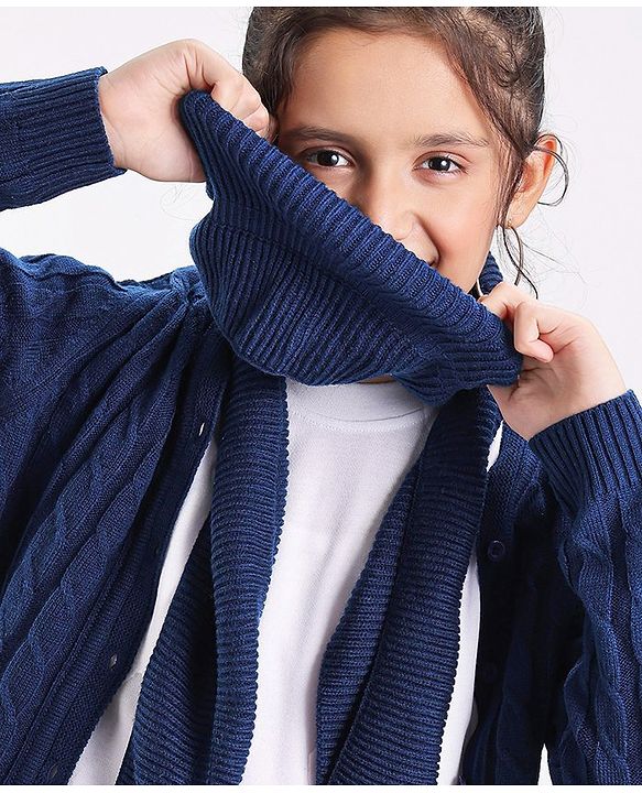 Pine Kids Full Sleeves  Light Winter Sweater & Muffler Set Solid- Navy Blue