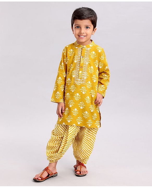 Babyhug Full Sleeves Woven Printed Kurta & Dhoti Set - Mustard Yellow