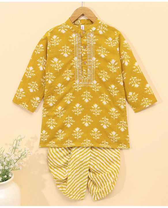 Babyhug Full Sleeves Woven Printed Kurta & Dhoti Set - Mustard Yellow