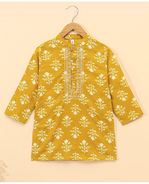 Babyhug Full Sleeves Woven Printed Kurta & Dhoti Set - Mustard Yellow