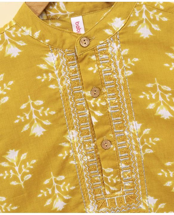 Babyhug Full Sleeves Woven Printed Kurta & Dhoti Set - Mustard Yellow