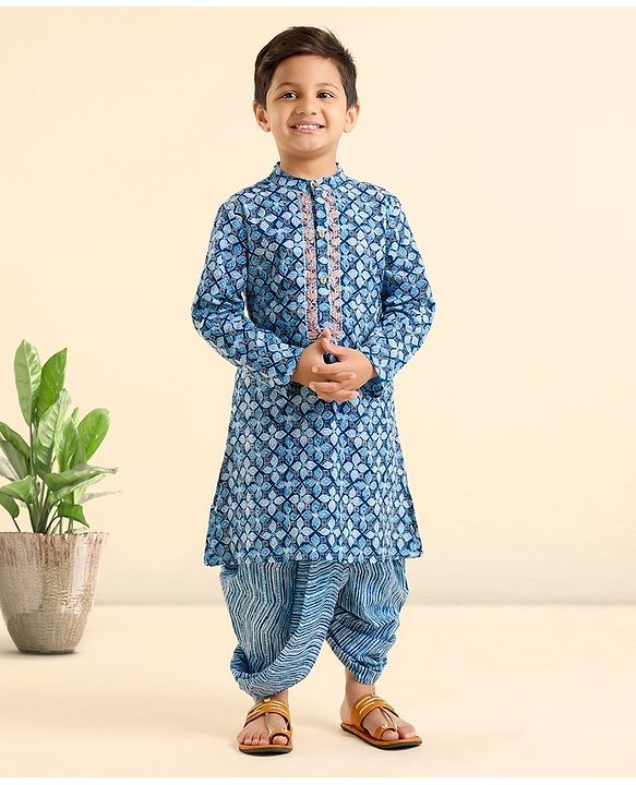 Babyhug Full Sleeves Kurta and Dhoti Set Ethnic Print - Blue