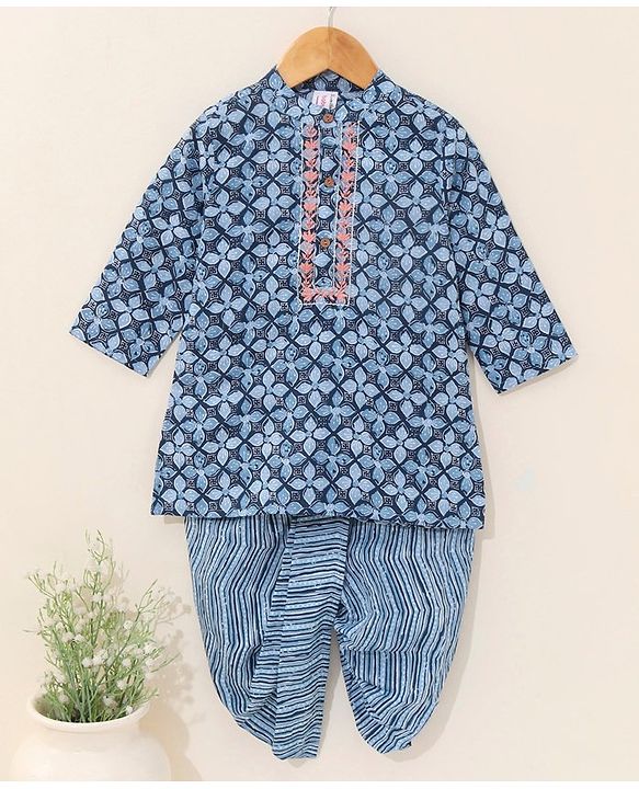 Babyhug Full Sleeves Kurta and Dhoti Set Ethnic Print - Blue