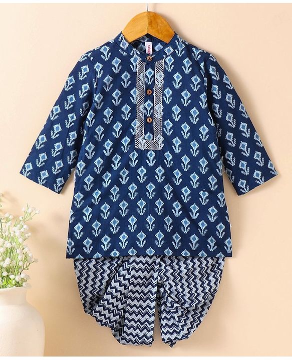 Babyhug Cotton Woven Full Sleeves Kurta & Dhoti Set Ethnic Print - Navy Blue