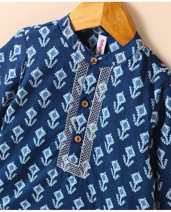 Babyhug Cotton Woven Full Sleeves Kurta & Dhoti Set Ethnic Print - Navy Blue