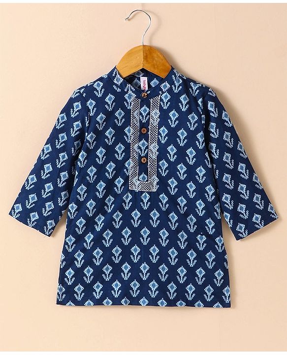 Babyhug Cotton Woven Full Sleeves Kurta & Dhoti Set Ethnic Print - Navy Blue