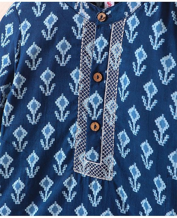 Babyhug Cotton Woven Full Sleeves Kurta & Dhoti Set Ethnic Print - Navy Blue